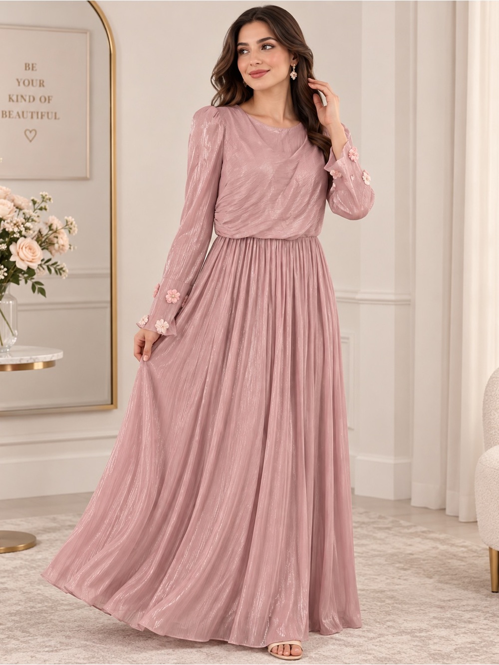 SHEIN Blush Pink Long Sleeve Pleated Maxi Dress